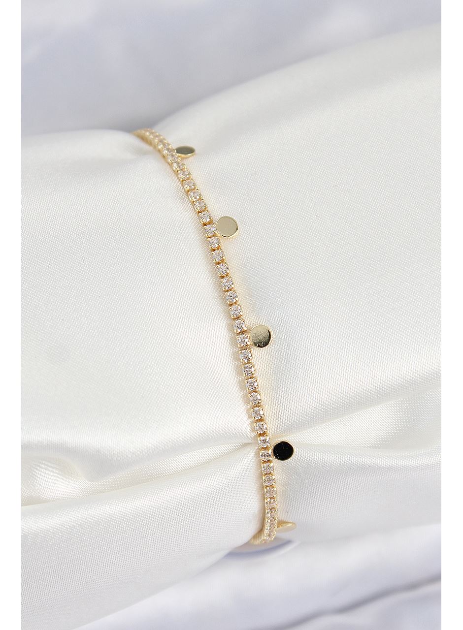 Pirinç Zirkon Taşlı Ezme Zincirli Sıralı Model Gold Renk Kadın Bilekilk