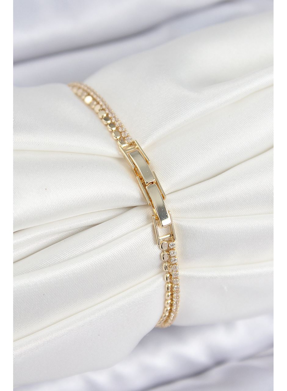 Pirinç Zirkon Taşlı Ezme Zincirli Sıralı Model Gold Renk Kadın Bilekilk