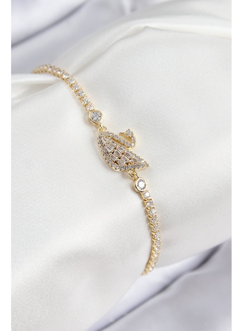 Pirinç Zirkon Taşlı Kuğu Model Gold Renk Kadın Bileklik