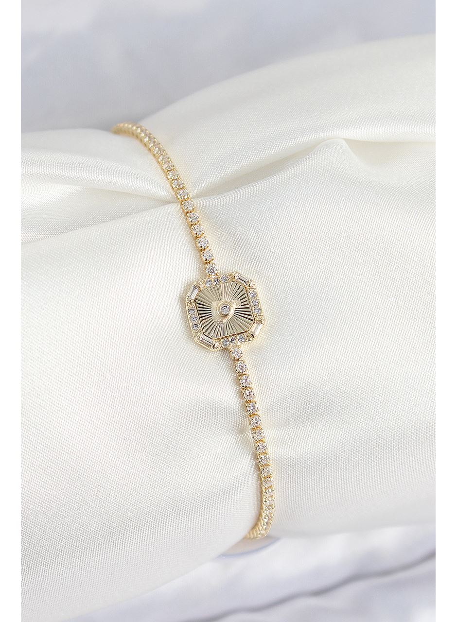 Pirinç Zirkon Taşlı Kare Model Gold Renk Kadın Bilekilk