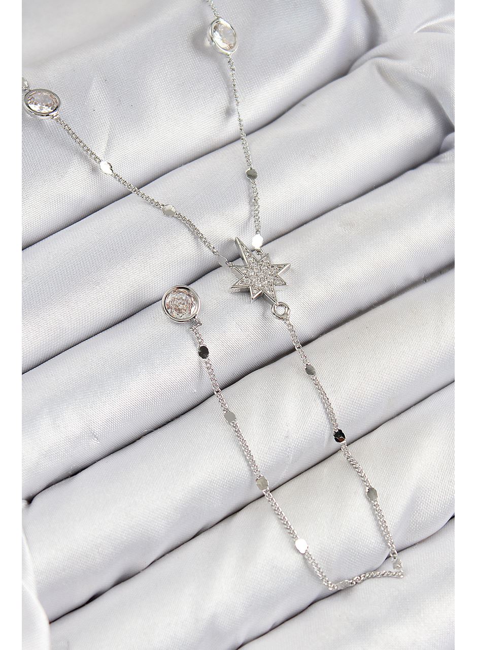 Pirinç Zirkon Taşlı Kutup Yıldızı Model Gümüş Renk Y Kolye