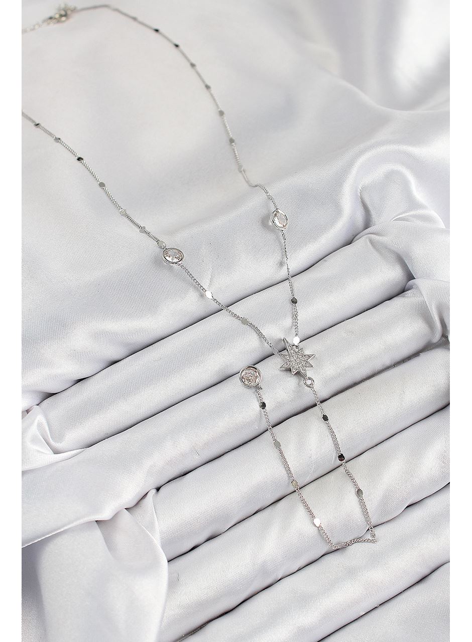 Pirinç Zirkon Taşlı Kutup Yıldızı Model Gümüş Renk Y Kolye