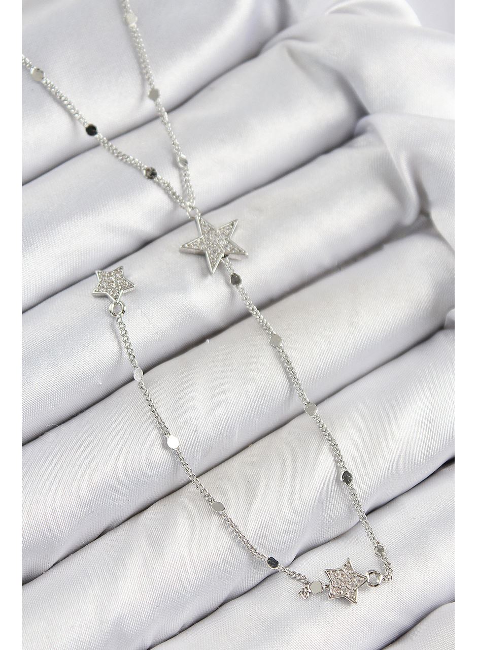 Pirinç Zirkon Taşlı Yıldız Model Gümüş Renk Y Kolye