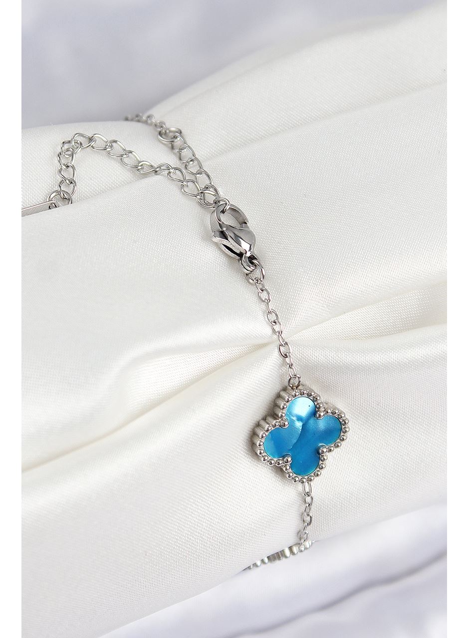 316L Çelik Sedefli Gökyüzü Mavisi Gümüş Renk Yonca Kadın Bileklik