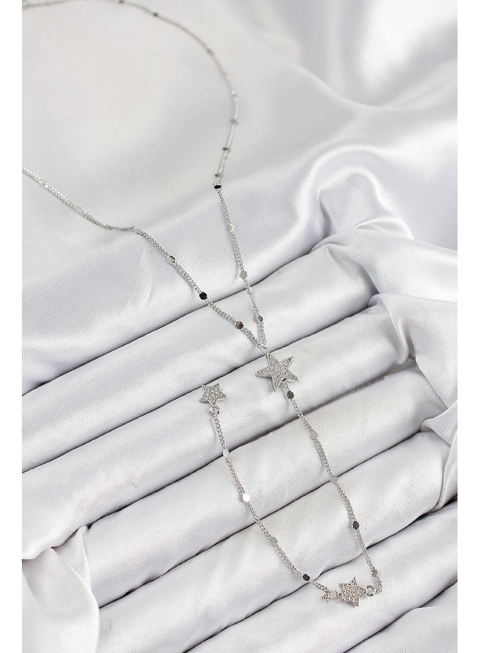 Pirinç Zirkon Taşlı Yıldız Model Gümüş Renk Y Kolye