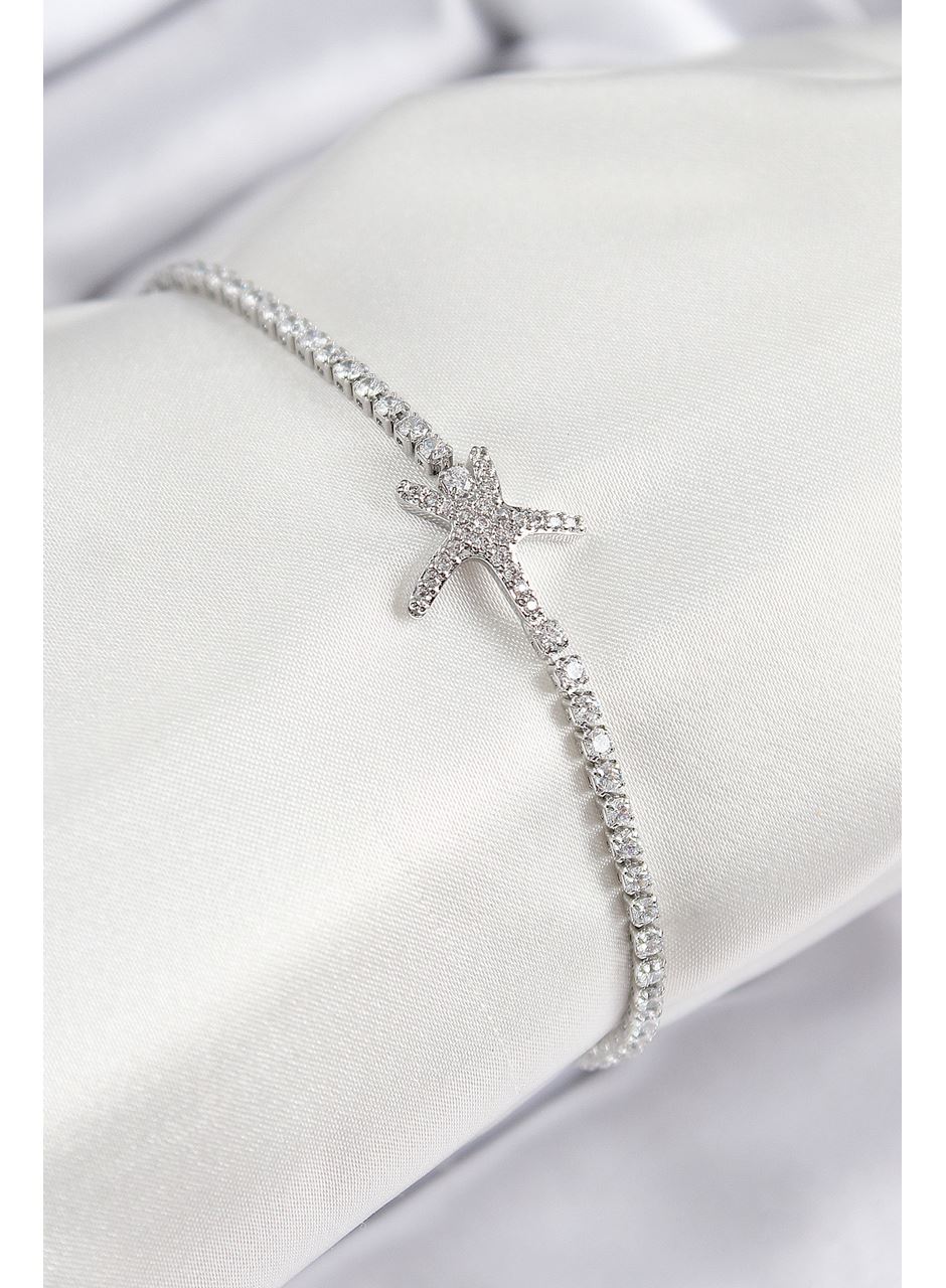 Pirinç Zirkon Taşlı Deniz Yıldızı Model Gümüş Renk Kadın Bileklik