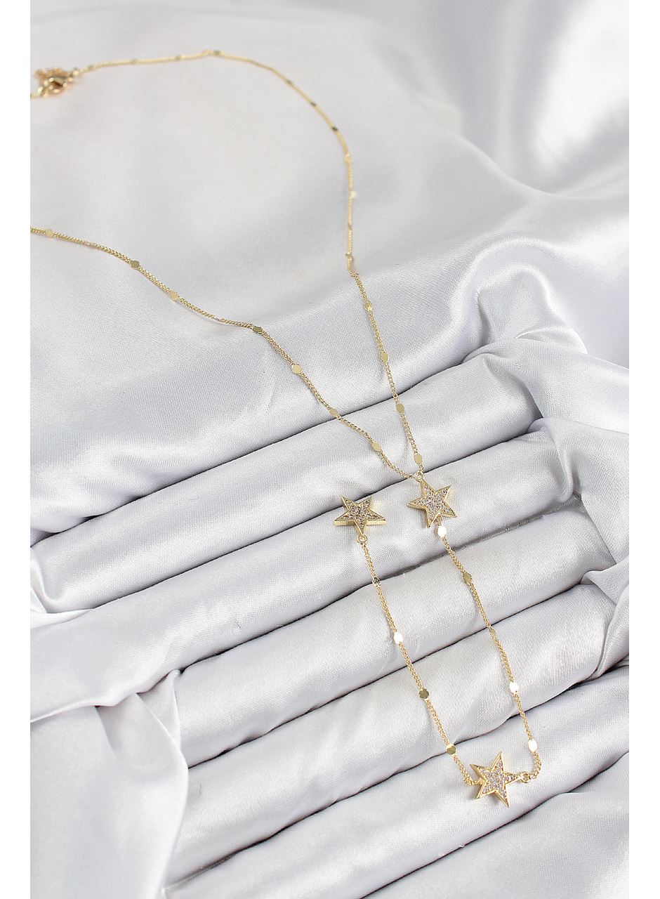 Pirinç Zirkon Taşlı Yıldız Model Gold Renk Y Kolye