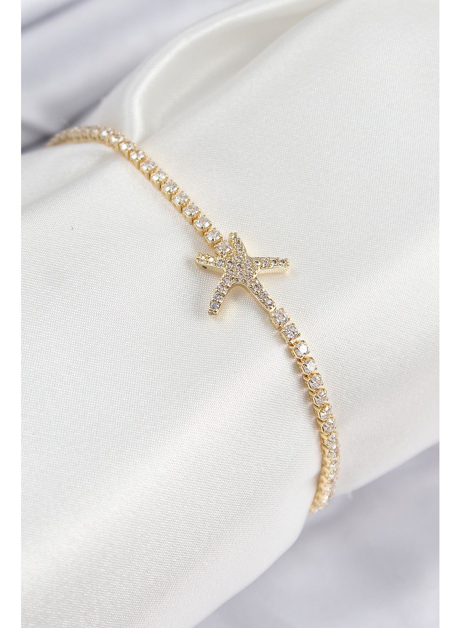 Pirinç Zirkon Taşlı Deniz Yıldızı Model Gold Renk Kadın Bileklik