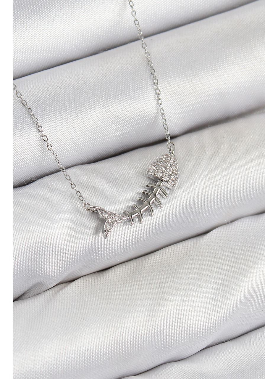 Pirinç Zirkon Taşlı Balık Kılçığı Model Gümüş Renk Kadın Kolye