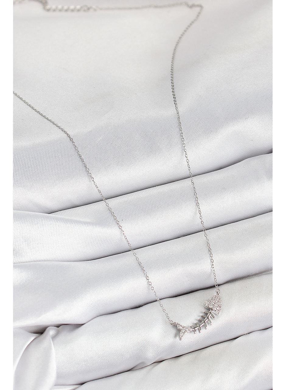 Pirinç Zirkon Taşlı Balık Kılçığı Model Gümüş Renk Kadın Kolye