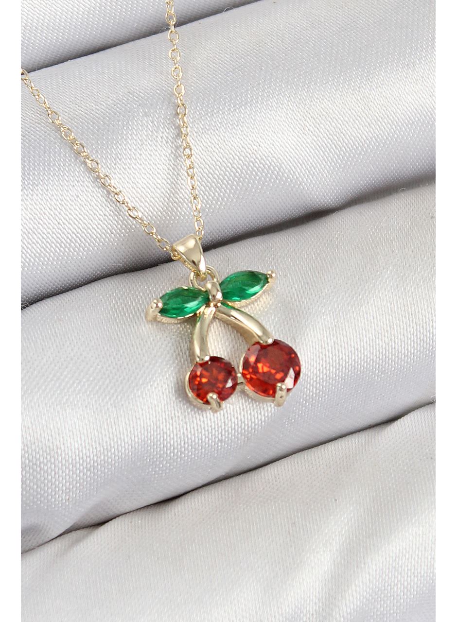 Pirinç Zirkon Taşlı Kiraz Model Gold Renk Kadın Kolye