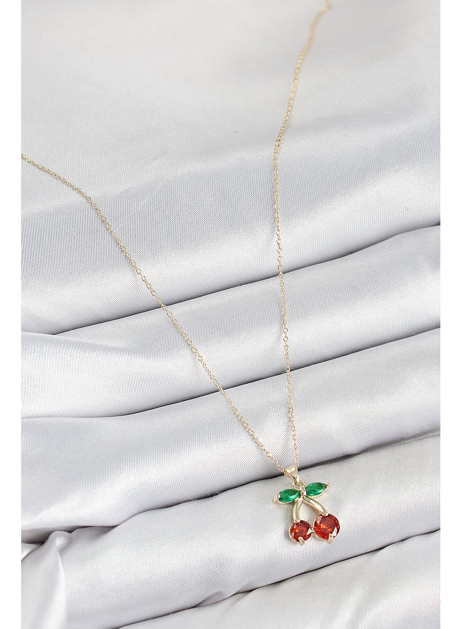 Pirinç Zirkon Taşlı Kiraz Model Gold Renk Kadın Kolye