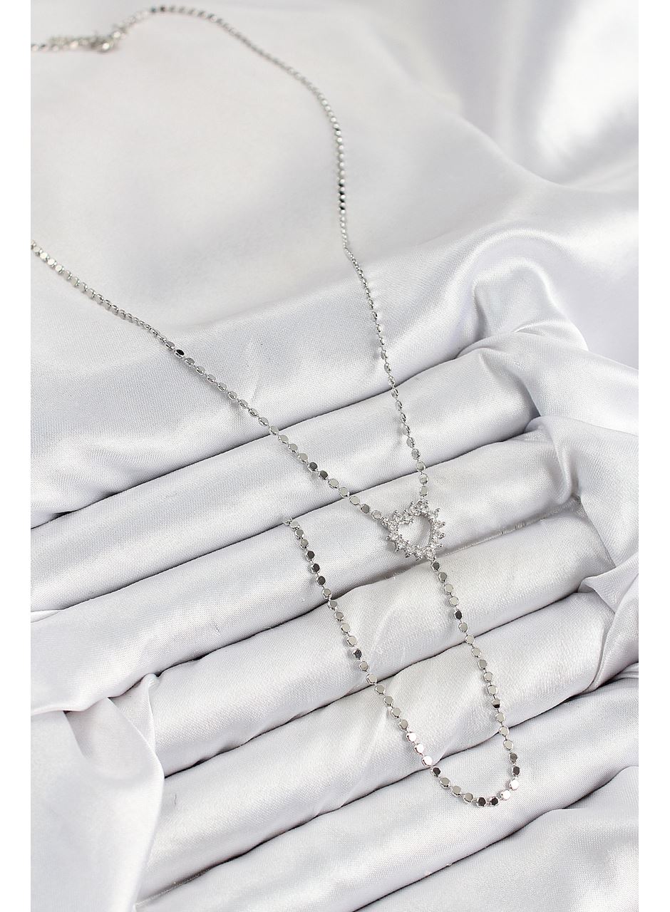 Pirinç Zirkon Taşlı Ezme Zincirli Kalp Model Gümüş Renk Y Kolye