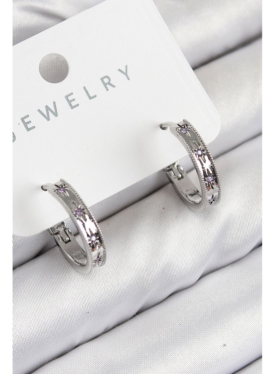 Pirinç Zirkon Taşlı Halka Model Gümüş Renk Kadın Küpe