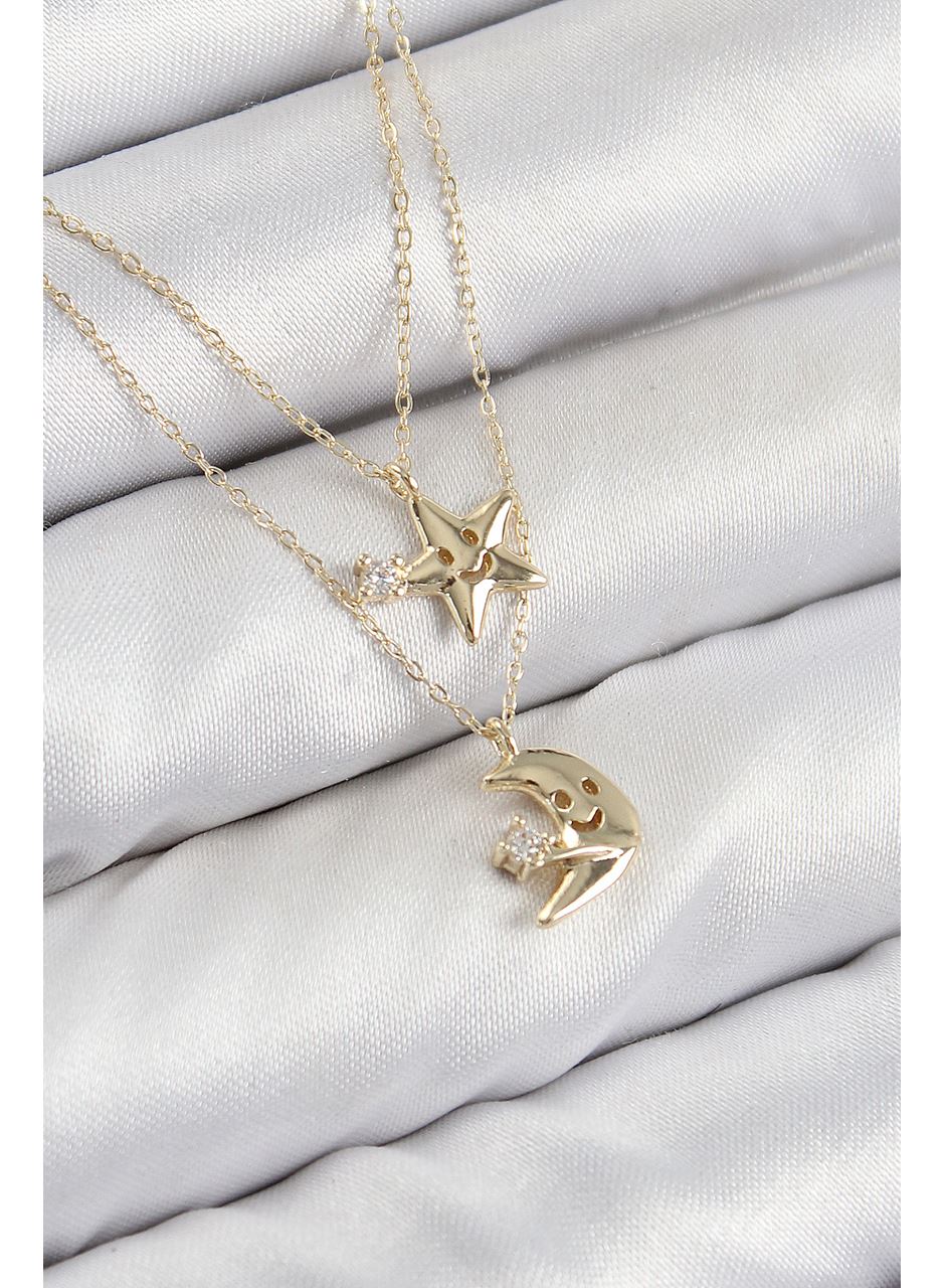 Pirinç Zirkon Taşlı Yıldız Ve Ay Model Gold Renk Kadın Kolye
