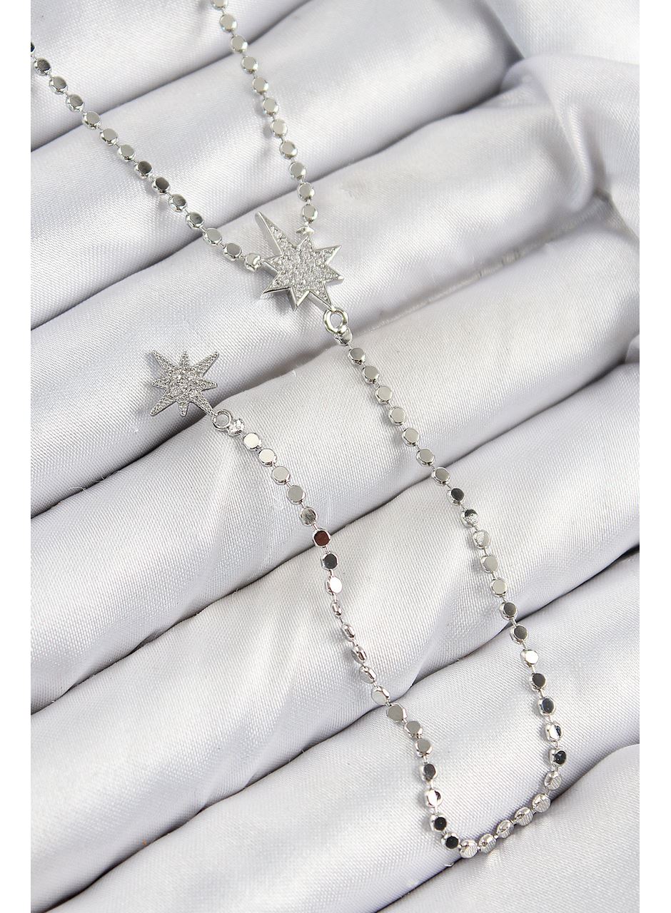 Pirinç Zirkon Taşlı Ezme Zincirli Kutup Yıldızı Model Gümüş Renk Y Kolye