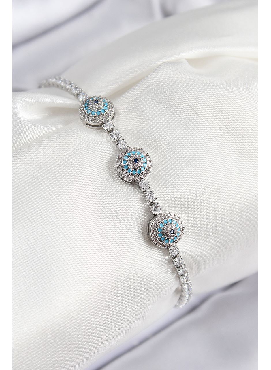 Pirinç Zirkon Taşlı Nazar Model Gümüş Renk Kadın Bileklik