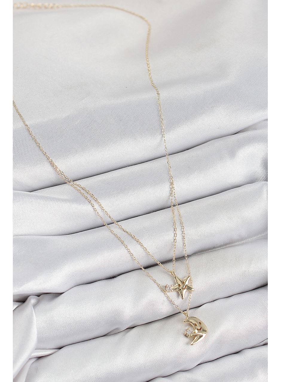 Pirinç Zirkon Taşlı Yıldız Ve Ay Model Gold Renk Kadın Kolye