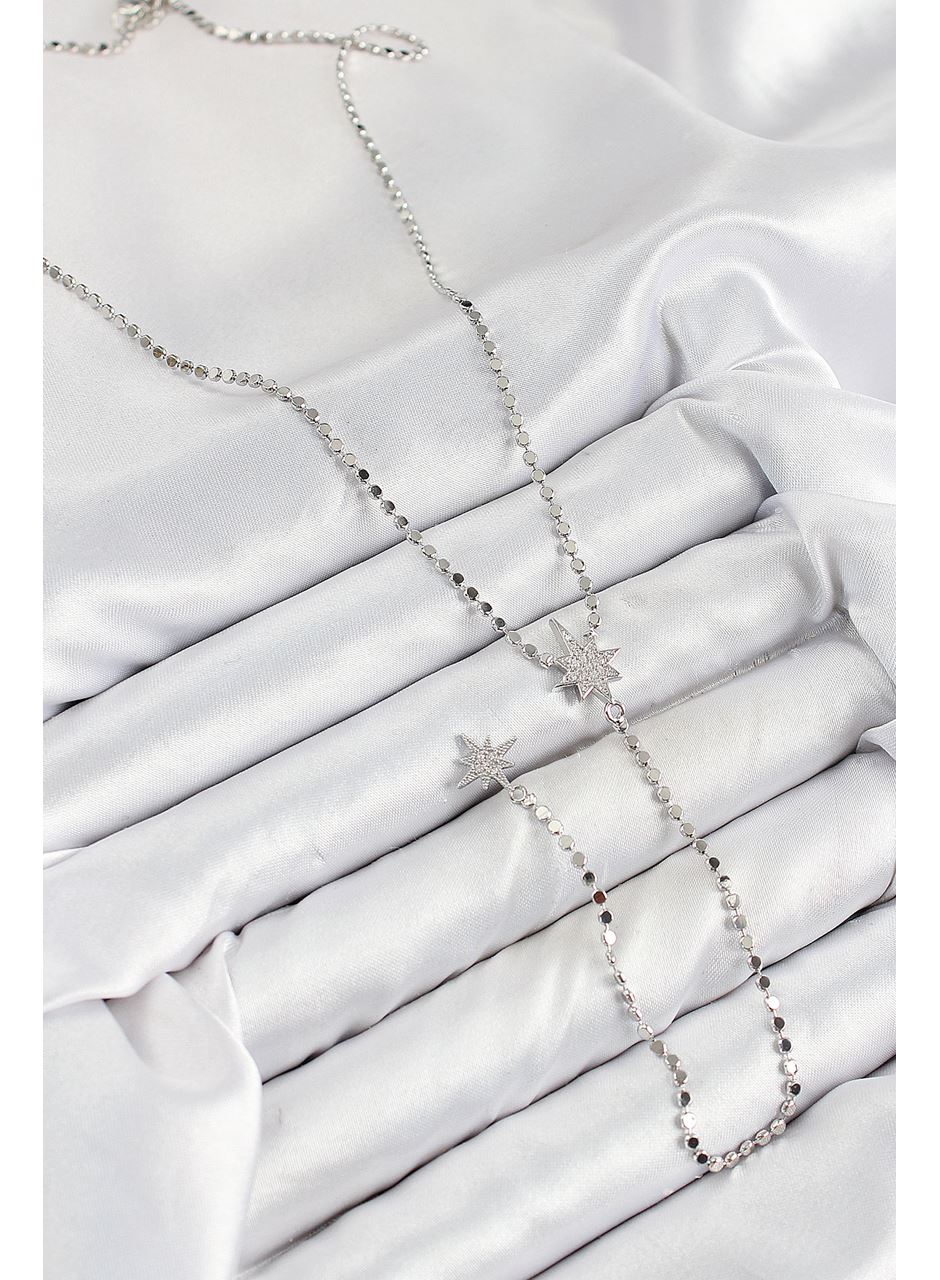 Pirinç Zirkon Taşlı Ezme Zincirli Kutup Yıldızı Model Gümüş Renk Y Kolye