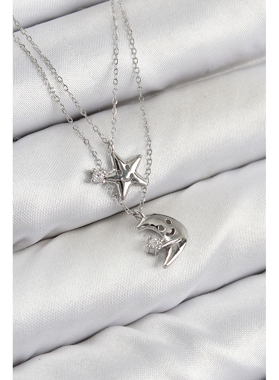 Pirinç Zirkon Taşlı Yıldız Ve Ay Model Gümüş Renk Kadın Kolye