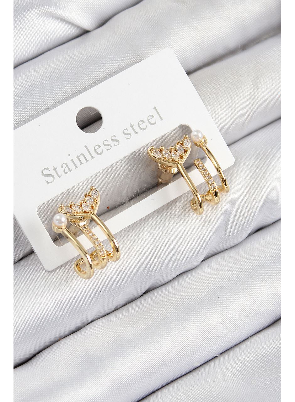 Pirinç Zirkon Taşlı İnci Detaylı Balık Kuyruğu Model Gold Renk Kadın Küpe