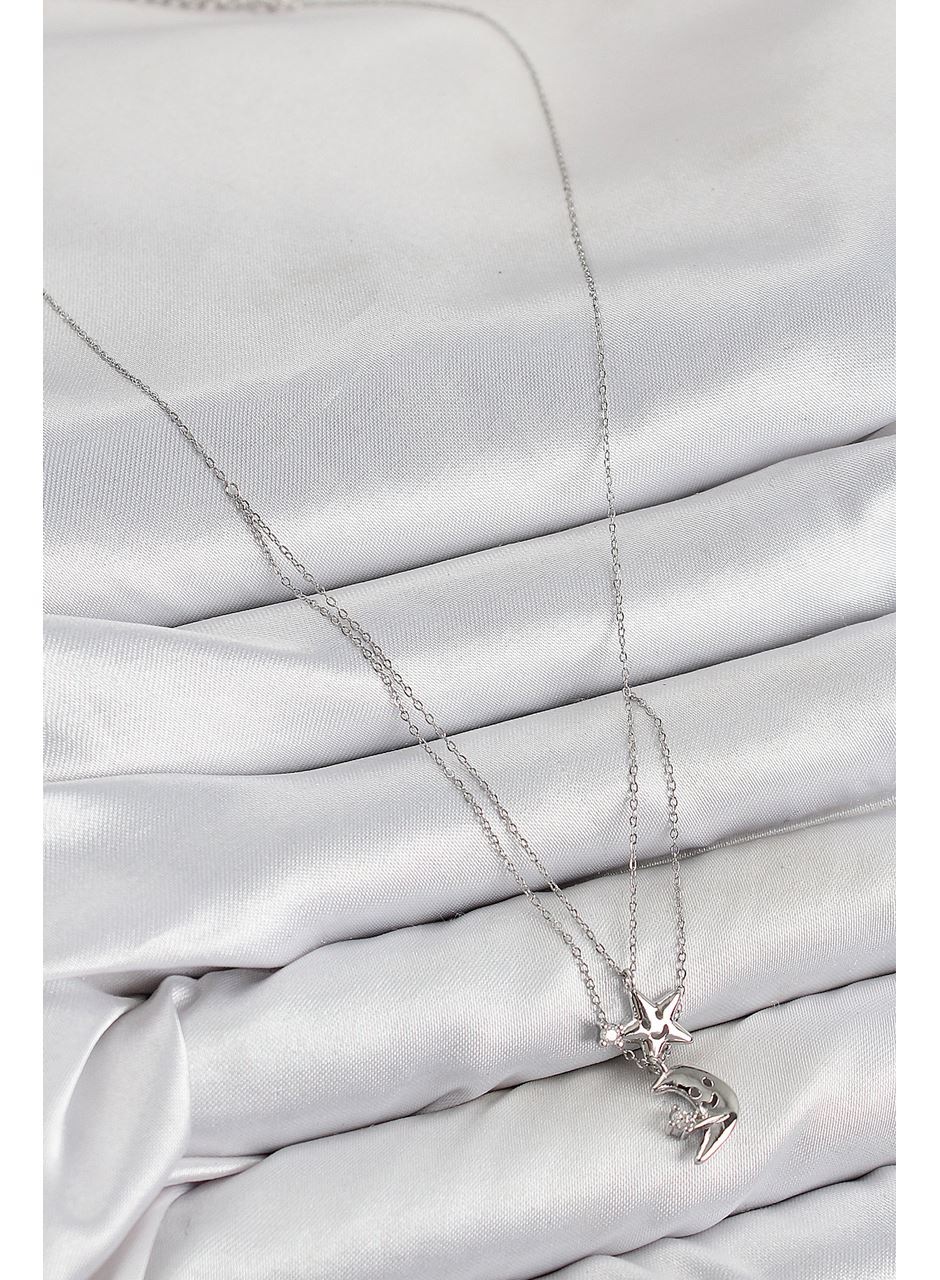 Pirinç Zirkon Taşlı Yıldız Ve Ay Model Gümüş Renk Kadın Kolye