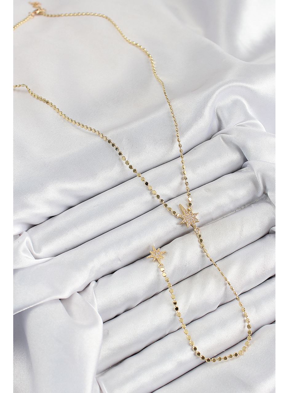 Pirinç Zirkon Taşlı Ezme Zincirli Kutup Yıldızı Model Gold Renk Y Kolye