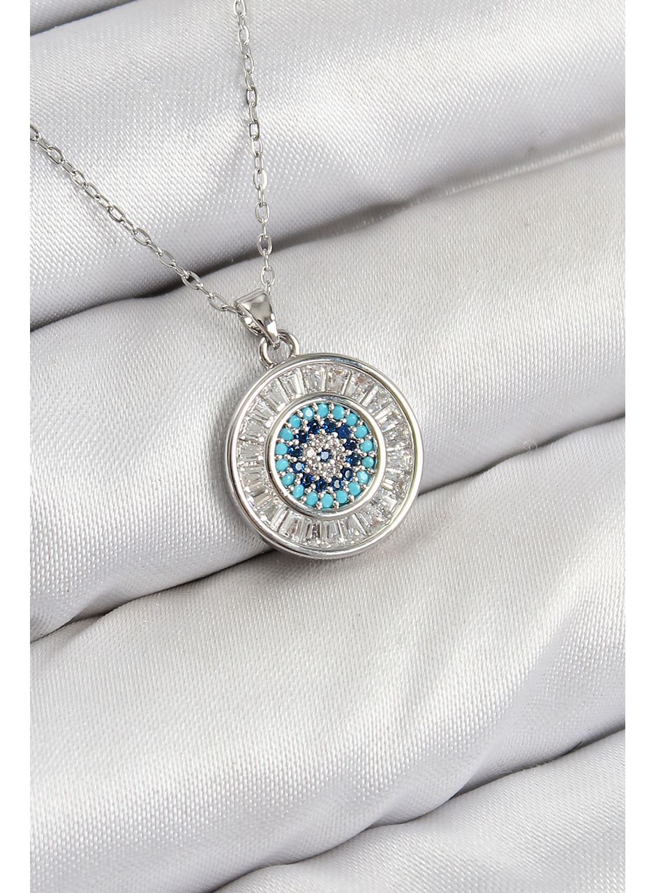 Pirinç Zirkon Taşlı Su Yolu Nazar Model Gümüş Renk Kadın Kolye