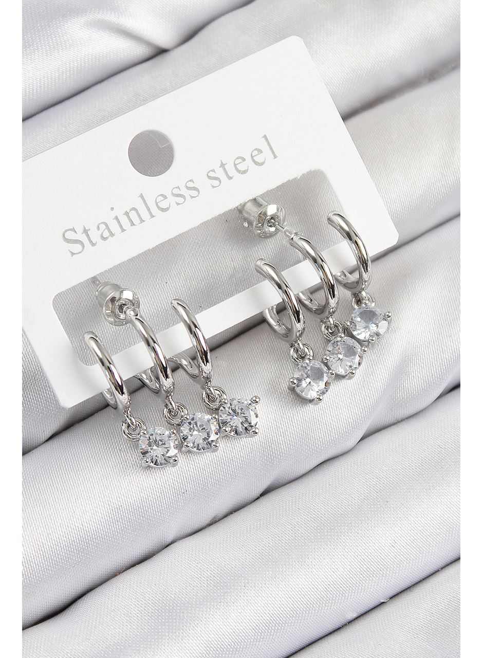 Pirinç Sallantılı Zirkon Taşlı Model Gümüş Renk Kadın Küpe