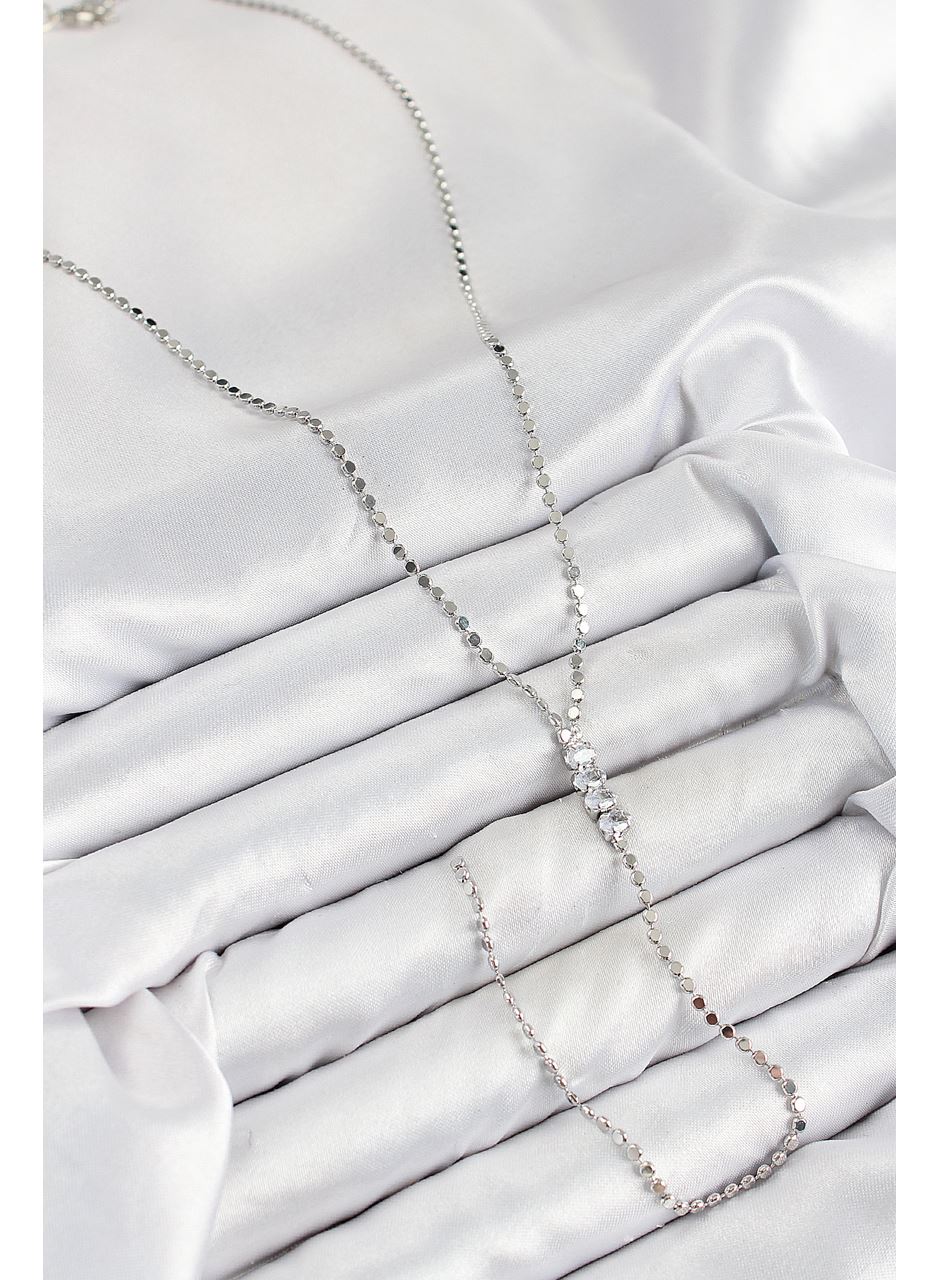 Pirinç Zirkon Taşlı Ezme Zincirli Model Gümüş Renk Y Kolye