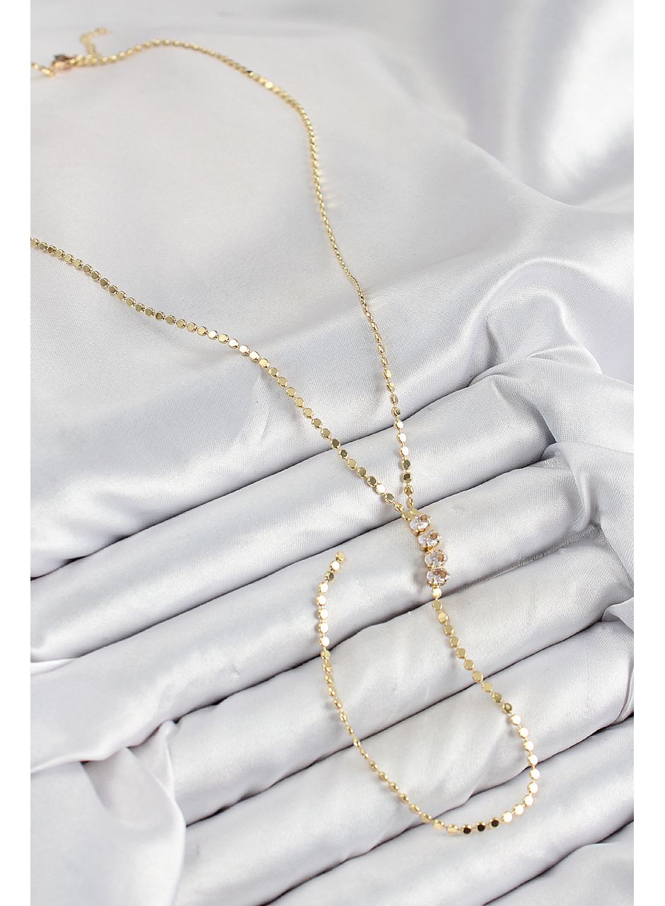 Pirinç Zirkon Taşlı Ezme Zincirli Model Gold Renk Y Kolye