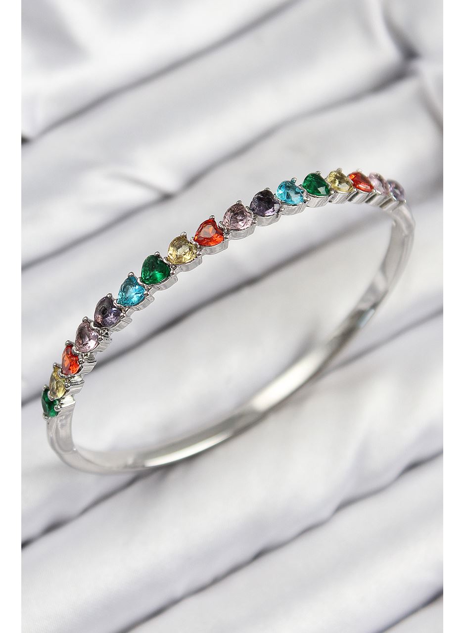 Pirinç Renkli Zirkon Taşlı Kalp Model Gümüş Renk Kadın Kelepçe