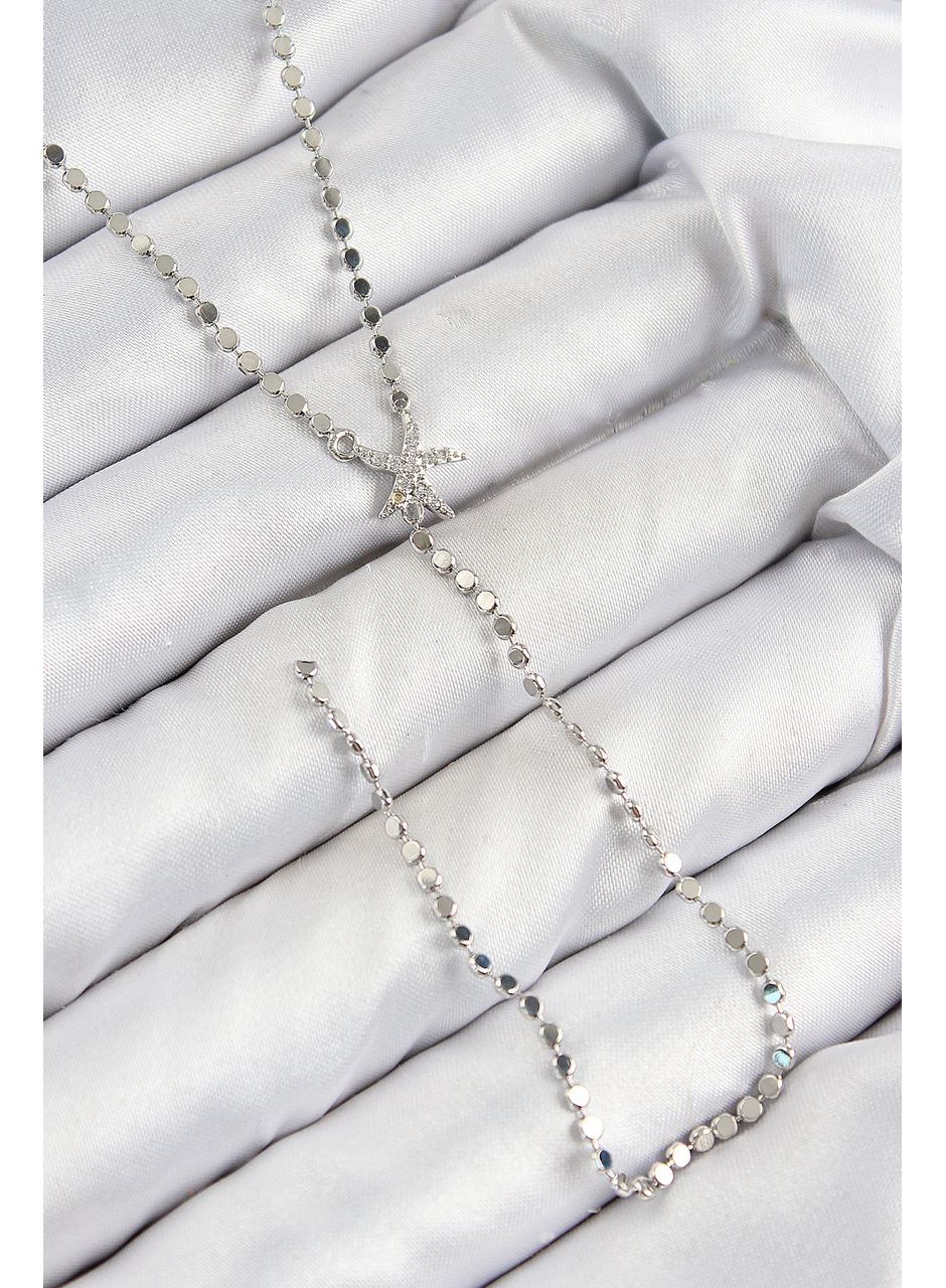 Pirinç Zirkon Taşlı Ezme Zincirli Deniz Yıldızı Model Gümüş Renk Y Kolye