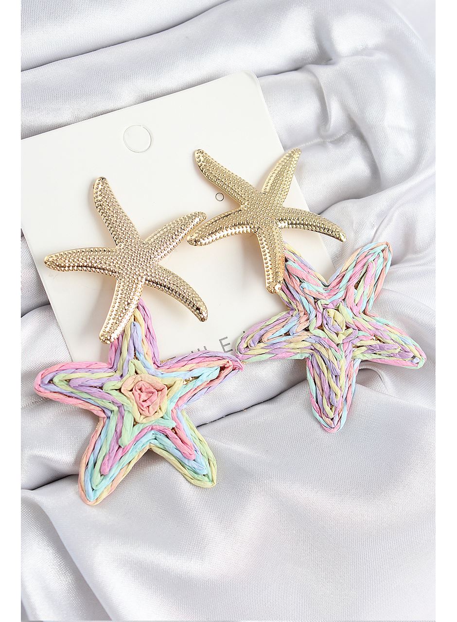 Pirinç Sallantılı Rainbow Deniz Yıldızı Model Gold Renk Hasır Küpe