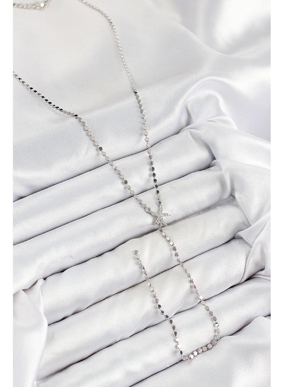 Pirinç Zirkon Taşlı Ezme Zincirli Deniz Yıldızı Model Gümüş Renk Y Kolye