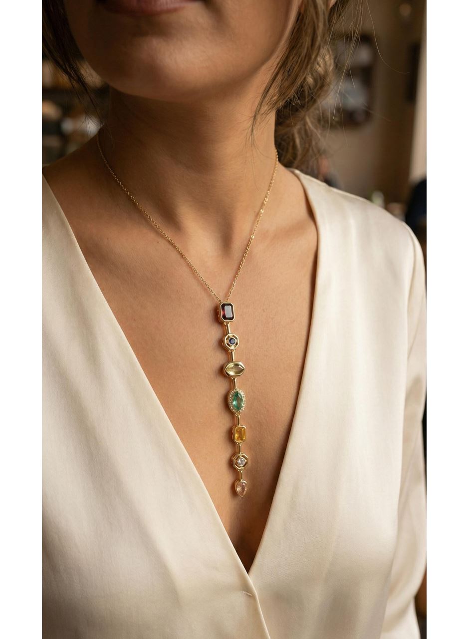 Pirinç Renkli Zirkon Taşlı Model Gold Renk 7 Element Kadın Y Kolye