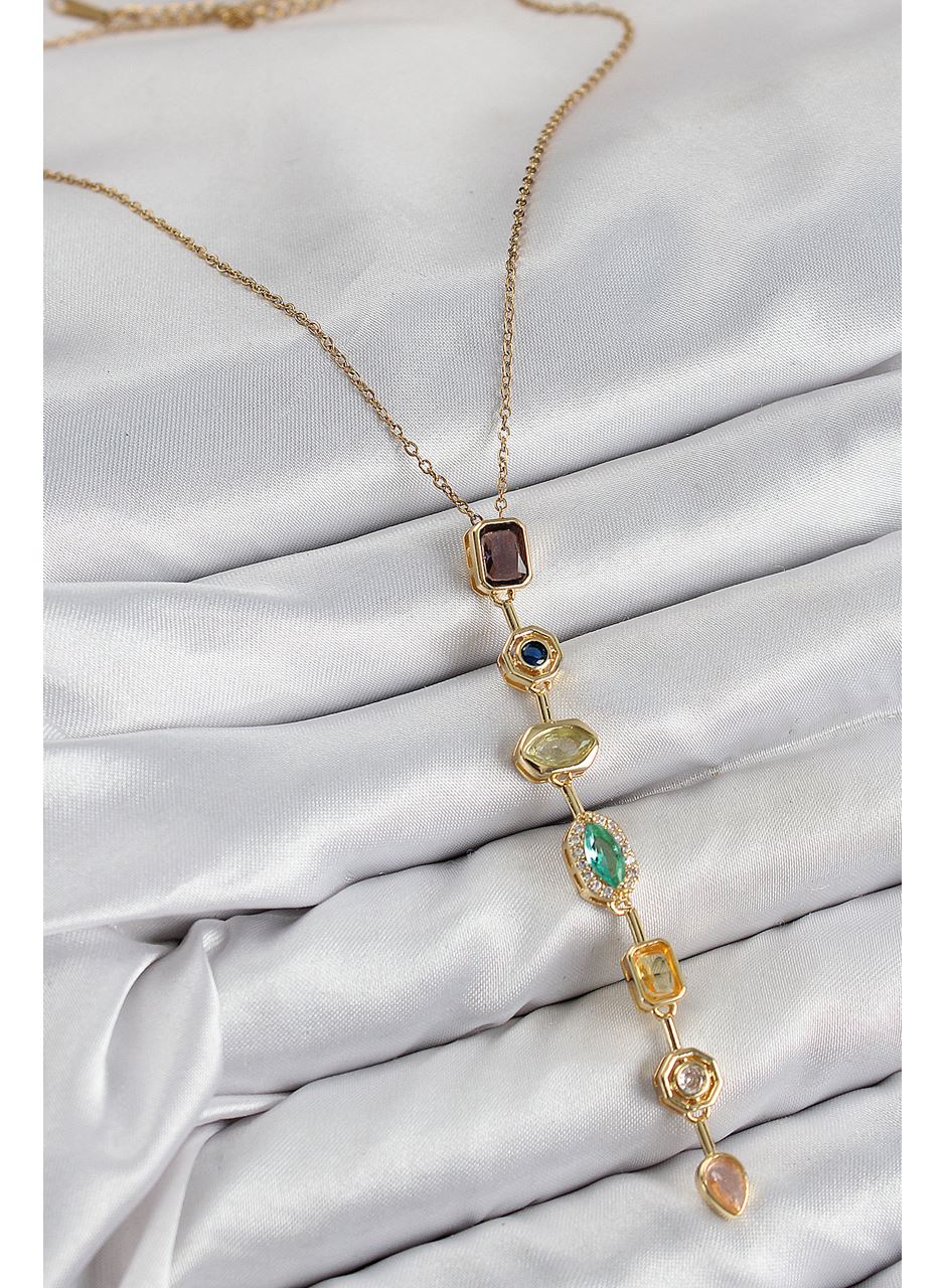 Pirinç Renkli Zirkon Taşlı Model Gold Renk 7 Element Kadın Y Kolye