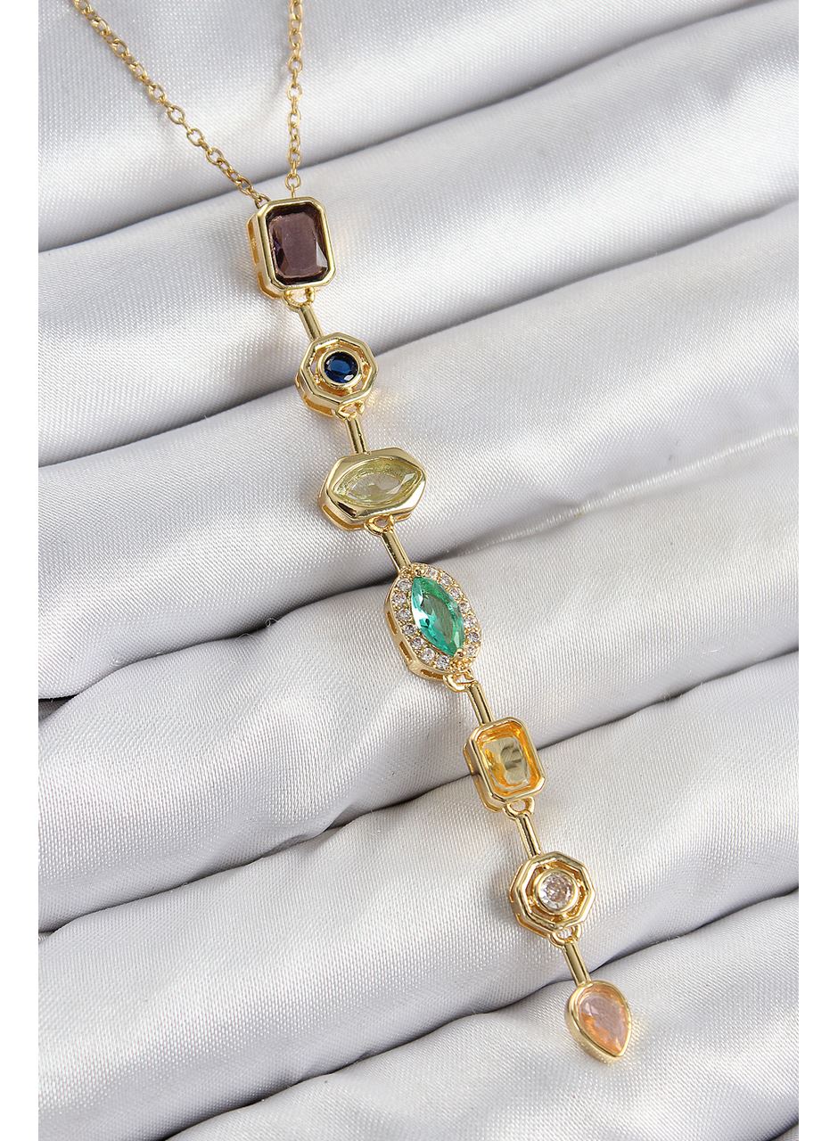 Pirinç Renkli Zirkon Taşlı Model Gold Renk 7 Element Kadın Y Kolye