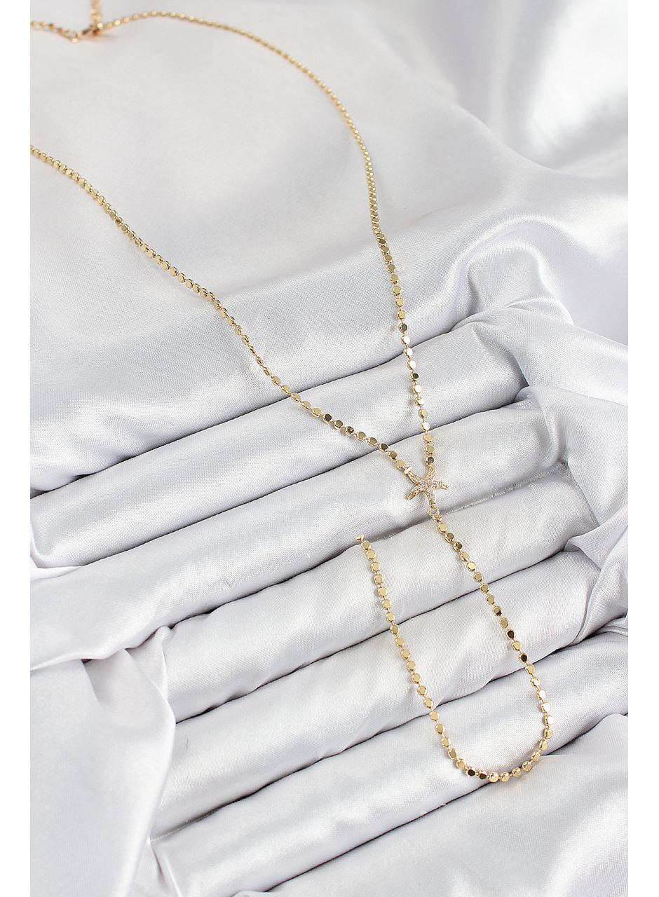 Pirinç Zirkon Taşlı Ezme Zincirli Deniz Yıldızı Model Gold Renk Y Kolye