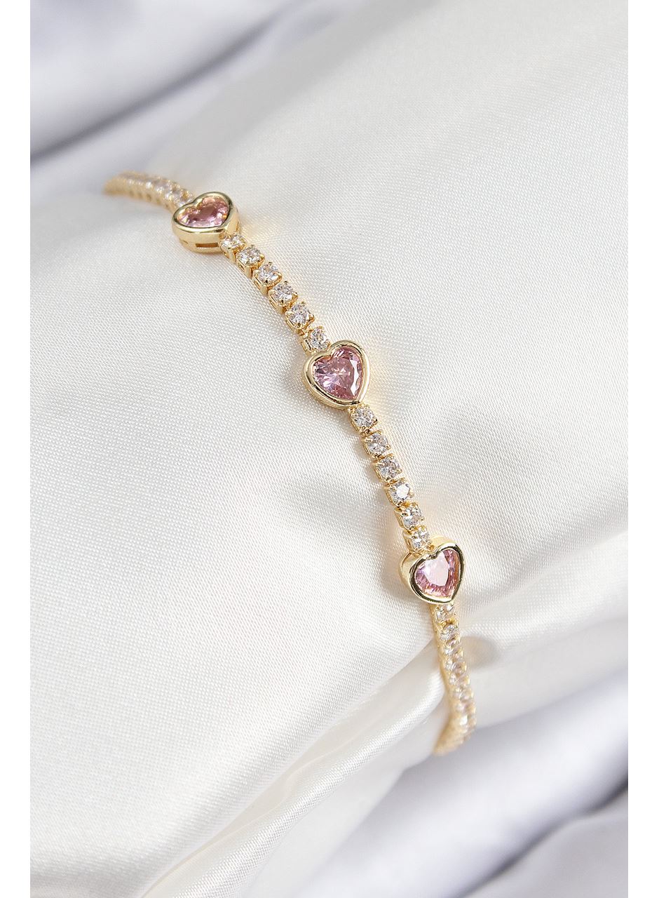 Pirinç Zirkon Taşlı Pembe Kalp Model Gold Renk Kadın Bileklik
