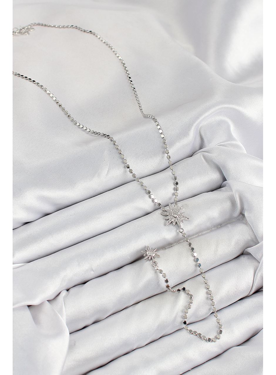 Pirinç Zirkon Taşlı Ezme Zincirli Kutup Yıldızı Model Gümüş Renk Y Kolye