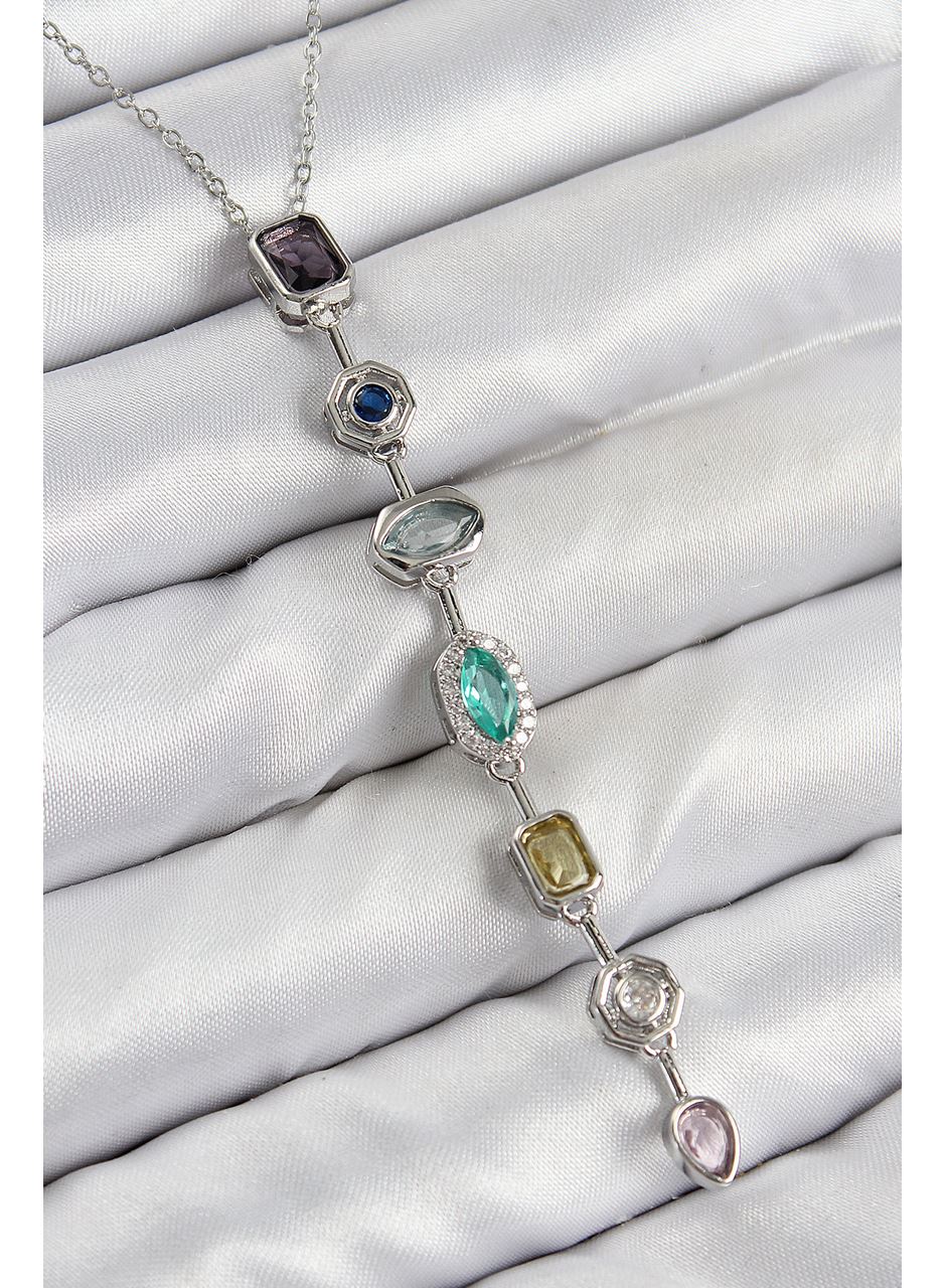 Pirinç Renkli Zirkon Taşlı Model Gümüş Renk 7 Element Kadın Y Kolye