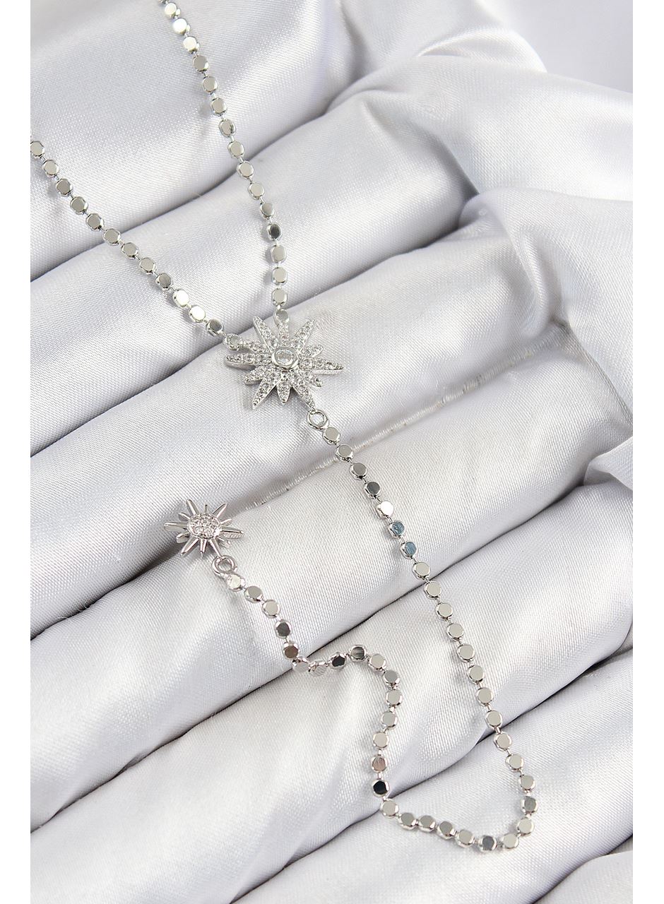 Pirinç Zirkon Taşlı Ezme Zincirli Kutup Yıldızı Model Gümüş Renk Y Kolye