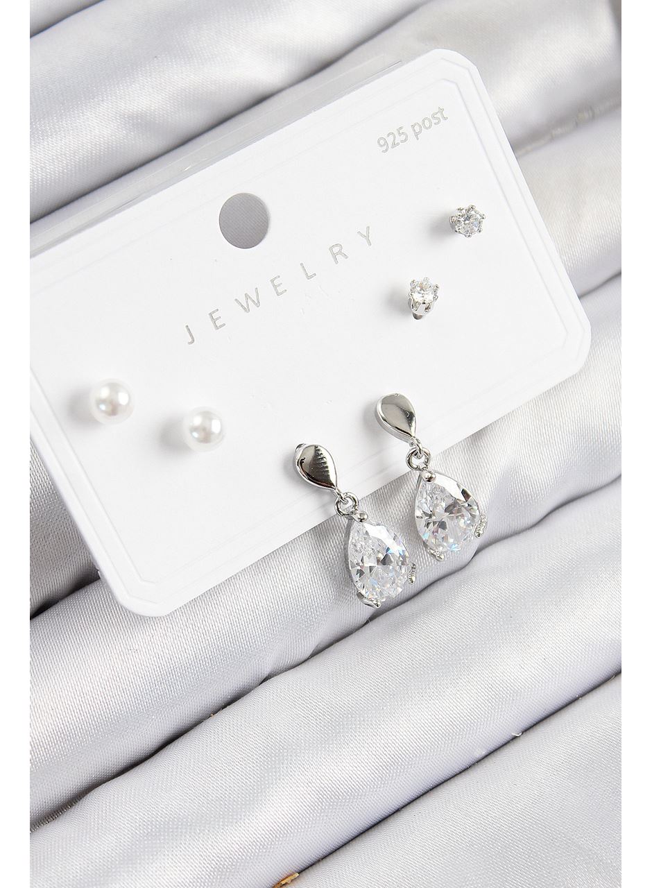 Pirinç Zirkon Taşlı Sallantılı Damla Model Gümüş Renk 925 Ayar Gümüş Çivi Kadın Küpe Set