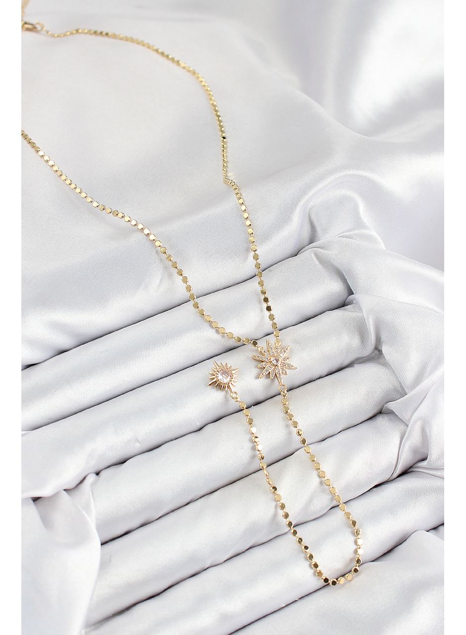 Pirinç Zirkon Taşlı Ezme Zincirli Kutup Yıldızı Model Gold Renk Y Kolye