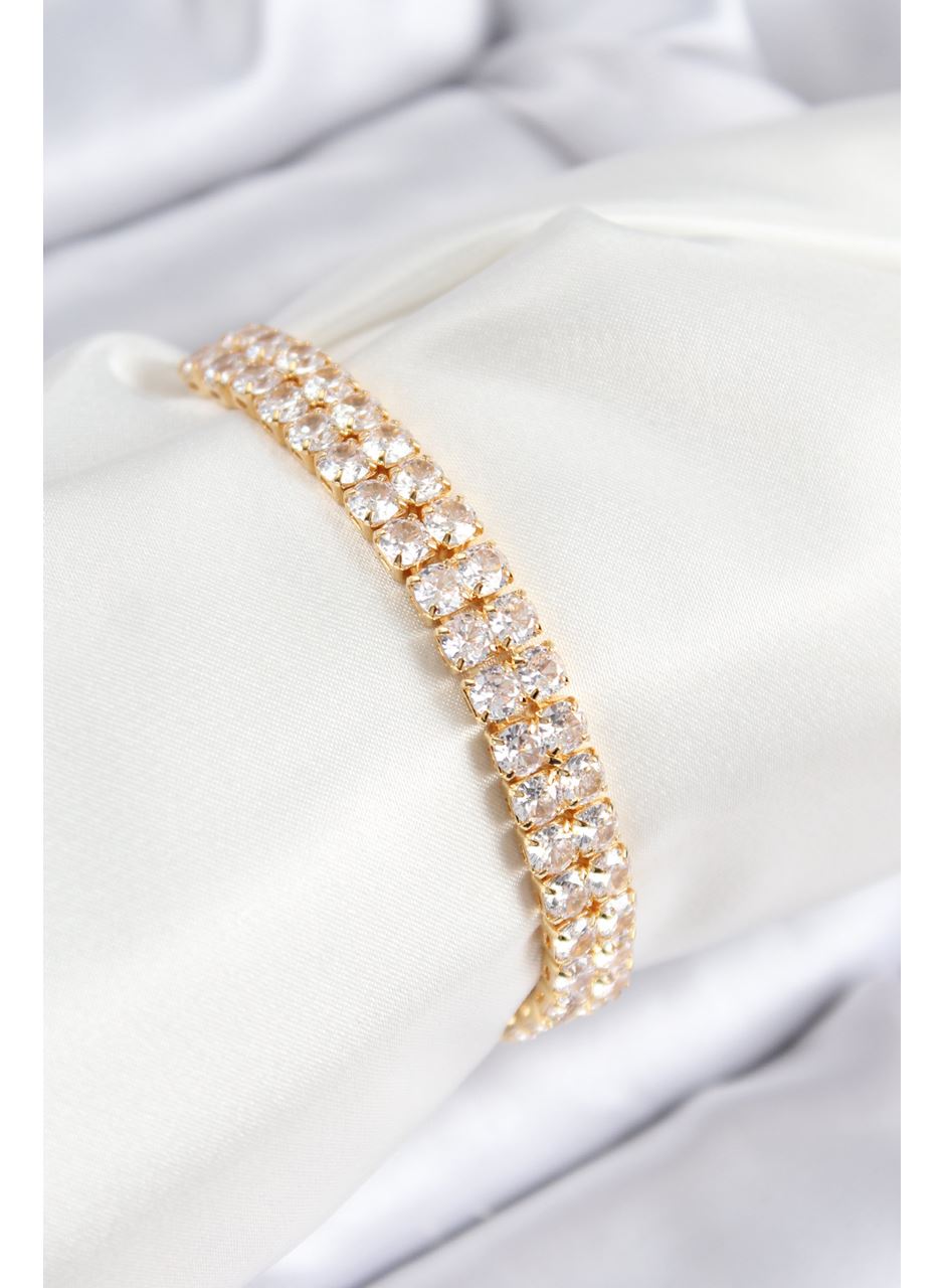 Pirinç Zirkon Taşlı Çift Sıra Kare Model Gold Renk Asansörlü Kadın Bileklik