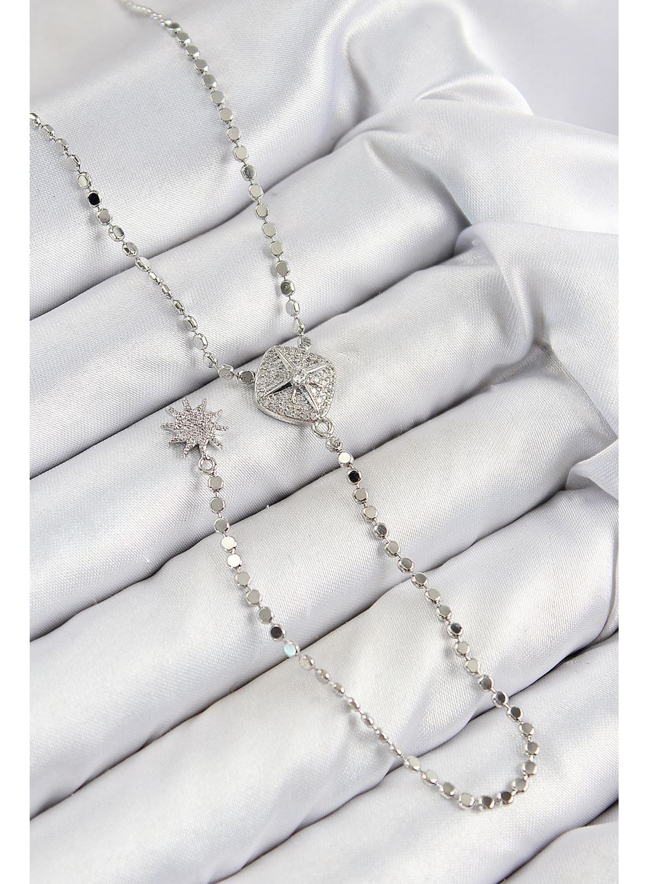 Pirinç Zirkon Taşlı Ezme Zincirli Madalyon Model Gümüş Renk Y Kolye