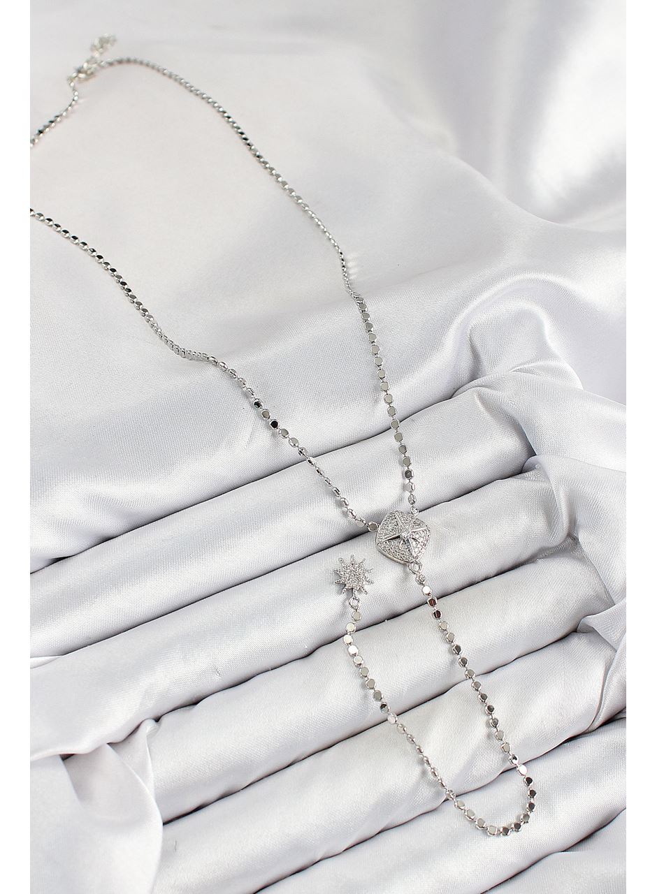 Pirinç Zirkon Taşlı Ezme Zincirli Madalyon Model Gümüş Renk Y Kolye