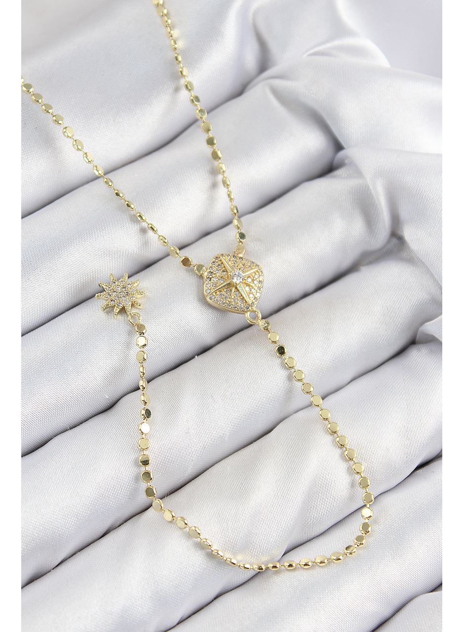 Pirinç Zirkon Taşlı Ezme Zincirli Madalyon Model Gold Renk Y Kolye