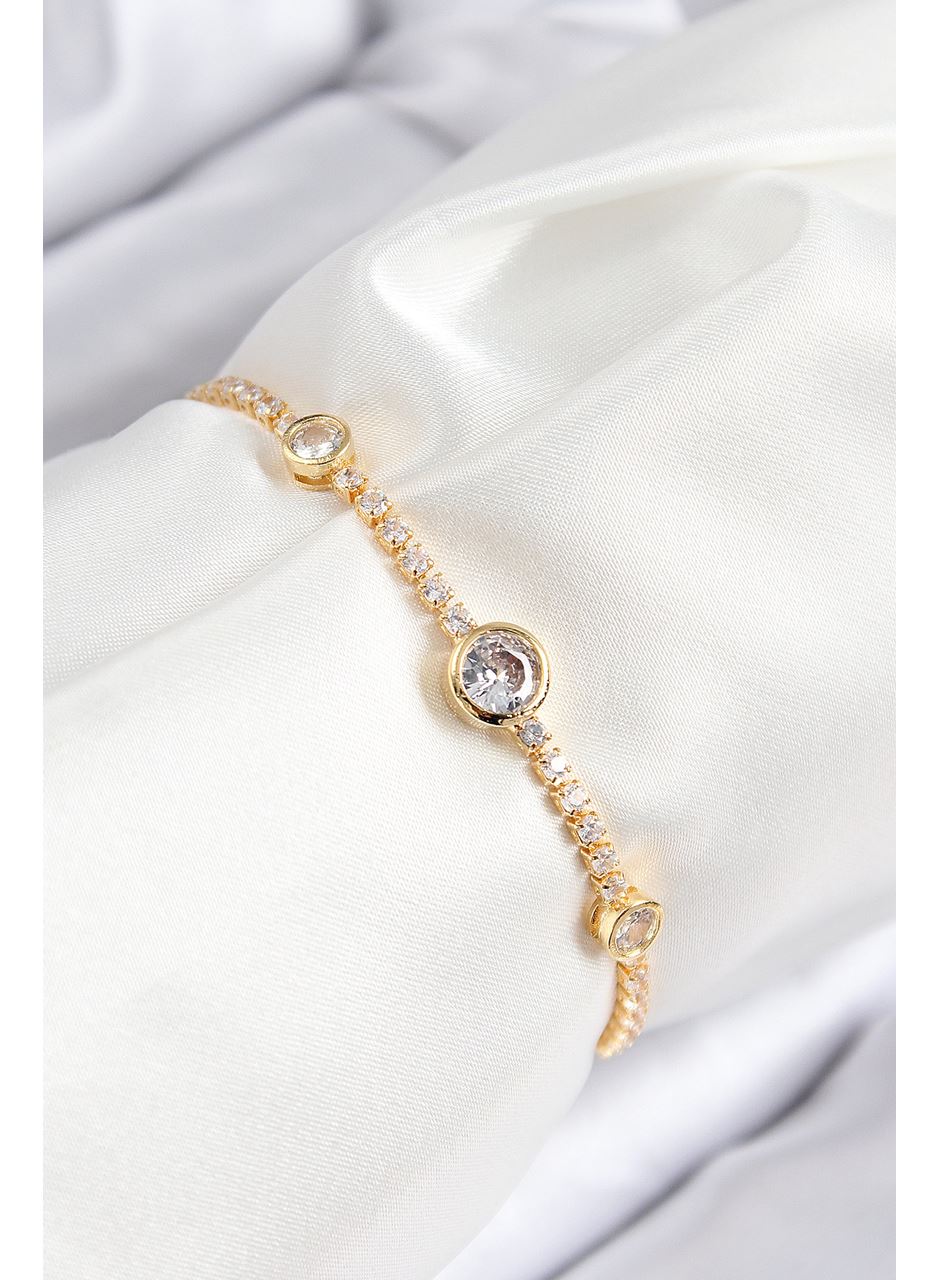 Pirinç Zirkon Taşlı Daire Model Gold Renk Asansörlü Kadın Bileklik